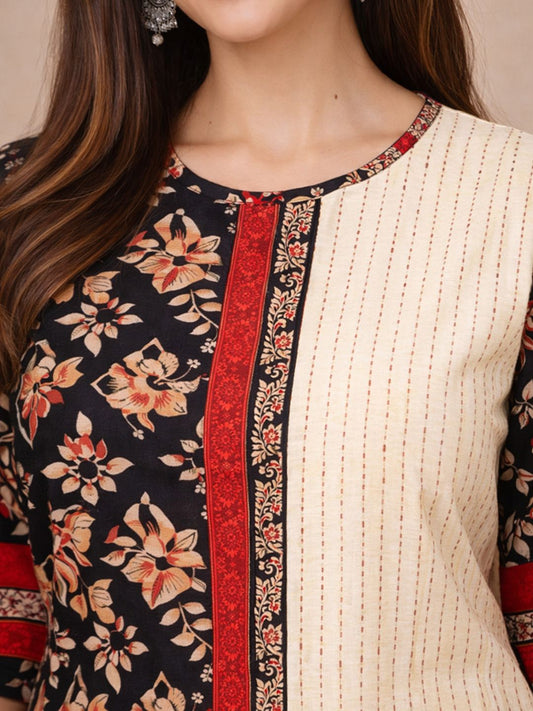 Beige Floral Print Cotton Kurta