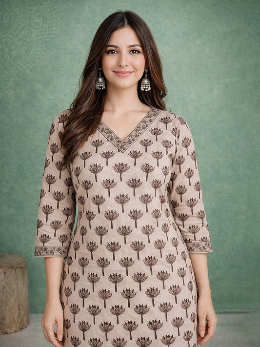 Beige Everyday Printed Kurti