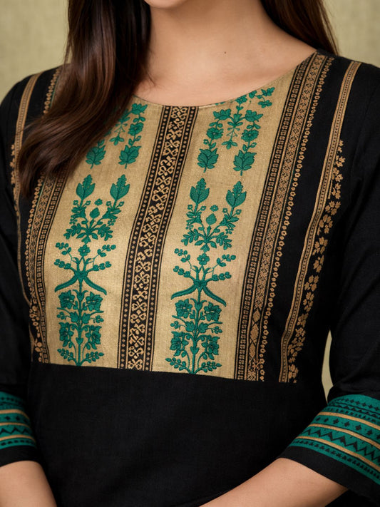 Black Block Print Cotton Kurta