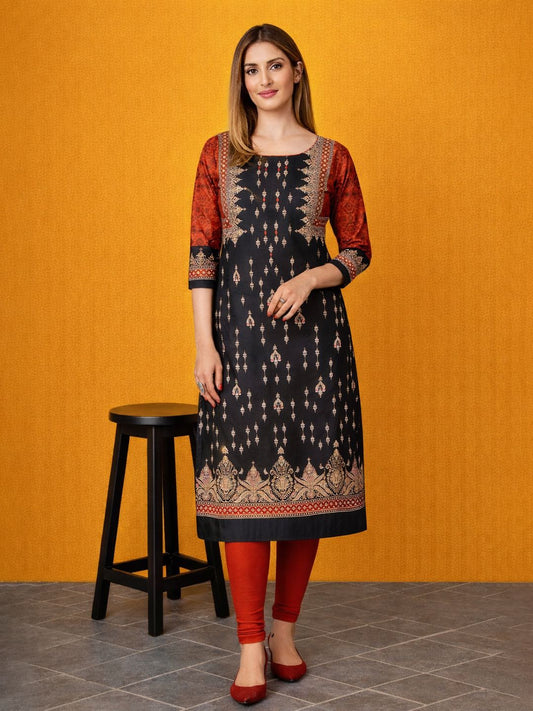 Black Block Print Cotton Kurta