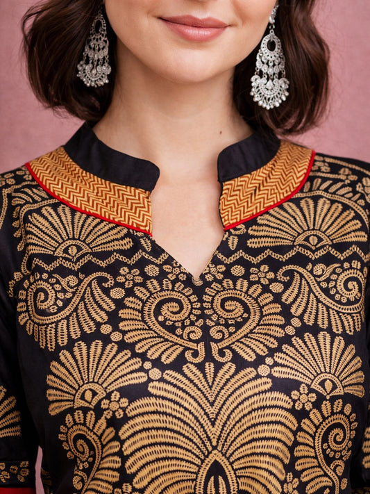 Black Block Print Cotton Kurta