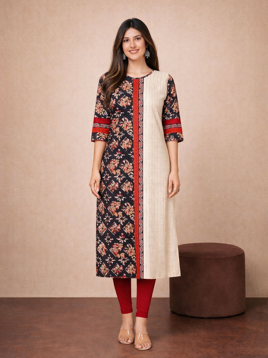 Jevi Prints Beige Floral Print Cotton Kurta