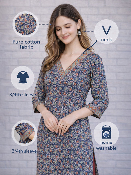 Blue Floral Printed Kurti