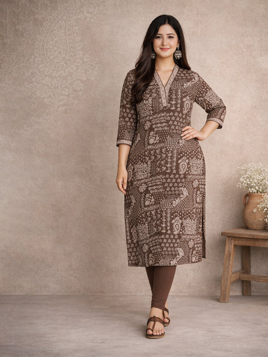 Brown Ethnic Printed Kurti